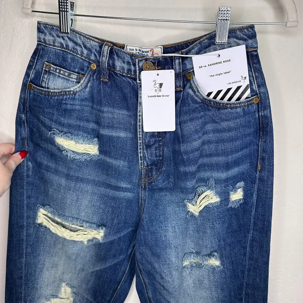 Free People Sandrine Rose R1016 Pleated Ripped Dark Wash Straight Leg Jeans 26 - Picture 3 of 16